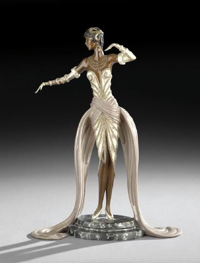 After Romain de Tirtoff Erte (Russian/ French/Amer: After Romain de Tirtoff Erte (Russian/ French/American, 1892-1990), "Belle Du Bal", enameled bronze sculpture, in typically dramatic Erte style, depicting a woman of color, wearing a gilt-beaded silve
