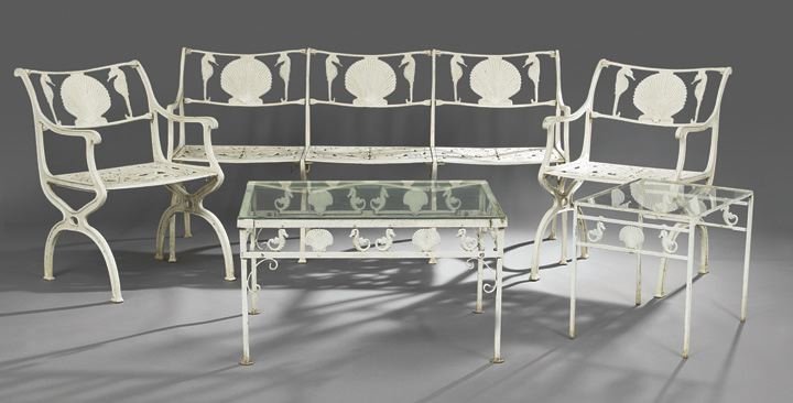 Eight Piece Set of Vintage "Hollywood Regency" Sea: Eight Piece Set of Vintage "Hollywood Regency" Sea Horse and Shell Outdoor Furniture, mid-20th century, of salt-resistant cast-aluminum and magnesium, the set comprised of a settee, four arm chairs, a