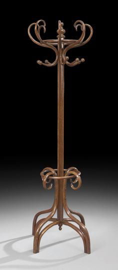 Bentwood Beechwood Hall Tree, Attributed to Michae: Bentwood Beechwood Hall Tree, Attributed to Michael Thonet, ca. 1900, the column supporting an upper tier of eight S-form hooks joined to a ring and with a finial above, the four shaped bentwood legs