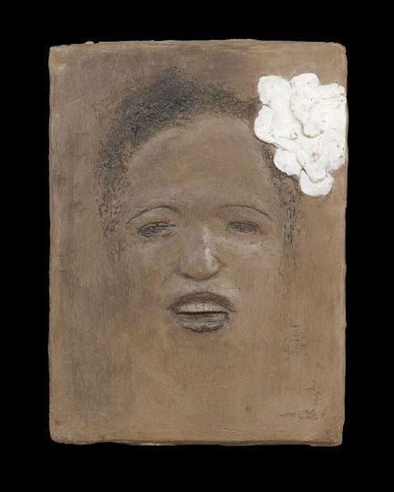 Elijah Pierce (American, 1892-1984): Elijah Pierce (American, 1892-1984), "Billie Holiday", mixed media, signed and dedicated on the reverse "Elijah Pierce for Miriam Brofsky", 15" x 11".