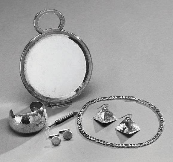 Six Pieces of Silver Jewelry and Dresser Articles: Six Pieces of Silver Jewelry and Dresser Articles, 20th century, including a Gustav Keller, Paris .950 silver hand mirror, monogrammed, dia. 5-1/2", an unmarked propelling pencil, l. 2-3/4", a sterlin