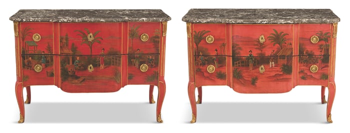 Pair of Chinoiserie and Marble-Top Commodes
