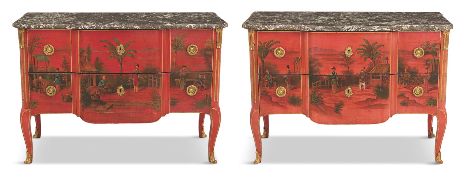 Pair of Chinoiserie and Marble-Top Commodes