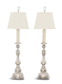 Pair of German Sterling Silver Candlestick Lamps