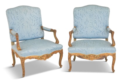 Pair of Louis XV-Style Giltwood Fauteuils