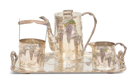 Fine Sanju Saku Enameled Silver Tea Set