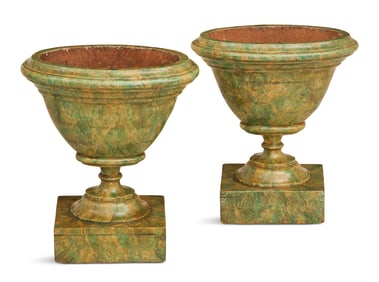 Pair of Unusual Italian Faux Marbre Walnut Urns
