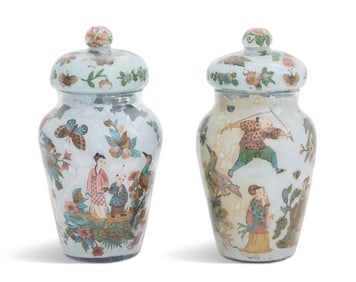 English Decalcomania Blown Glass Vases