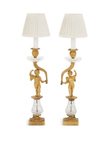 Gilt-Bronze and Cut Glass Candlestick Lamps