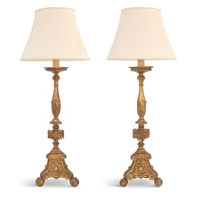 Pair of Large Italian Giltwood Altar Stick Lamps