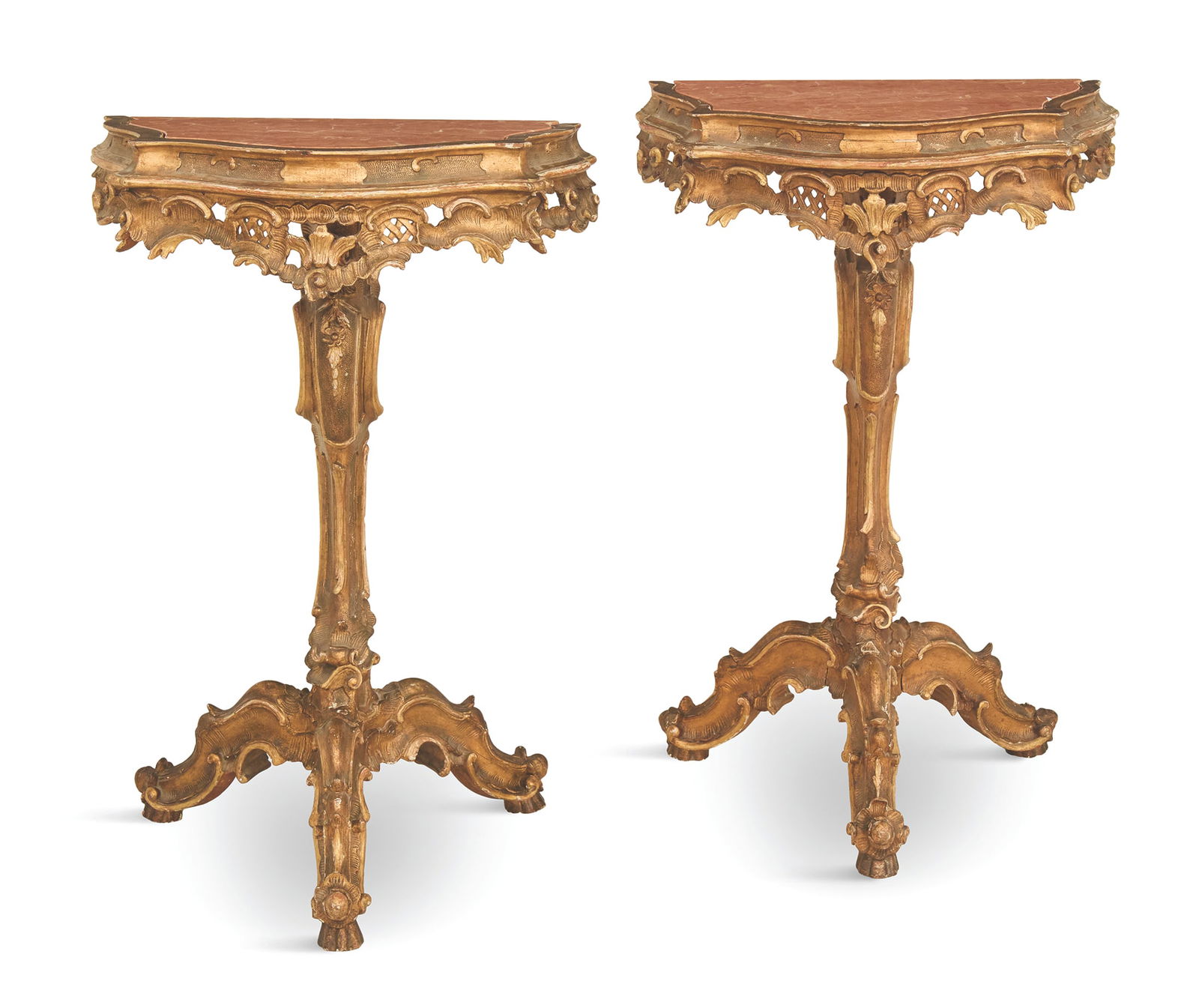 Pair of Giltwood and Console Tables: Pair of Giltwood and Marble-Top Console Tables19th century, each with an inset marble top over an ogee-form frieze and pierced apron below, mounted to a cabriole leg standard with three outstretched l