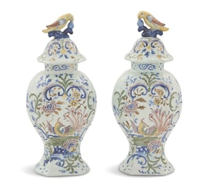 Signed Polychrome Covered Delftware Vases