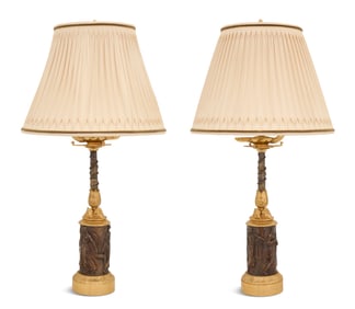 Pair of French Gilt- and Patinated Bronze Lamps