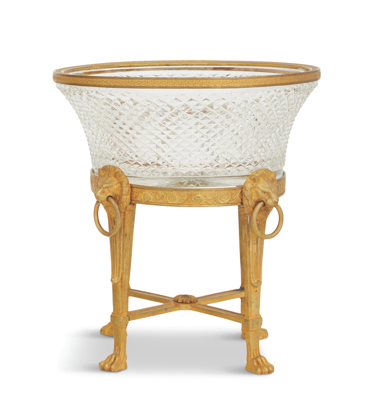 Cut Glass and Bronze Dore Centerpiece: Cut Glass and Bronze Dore Centerpiece 20th century, in the Empire taste, the diamond-point cut glass bowl set with a gilt-bronze engine-turned rim, on a bronze dore base composed of four tapered legs,