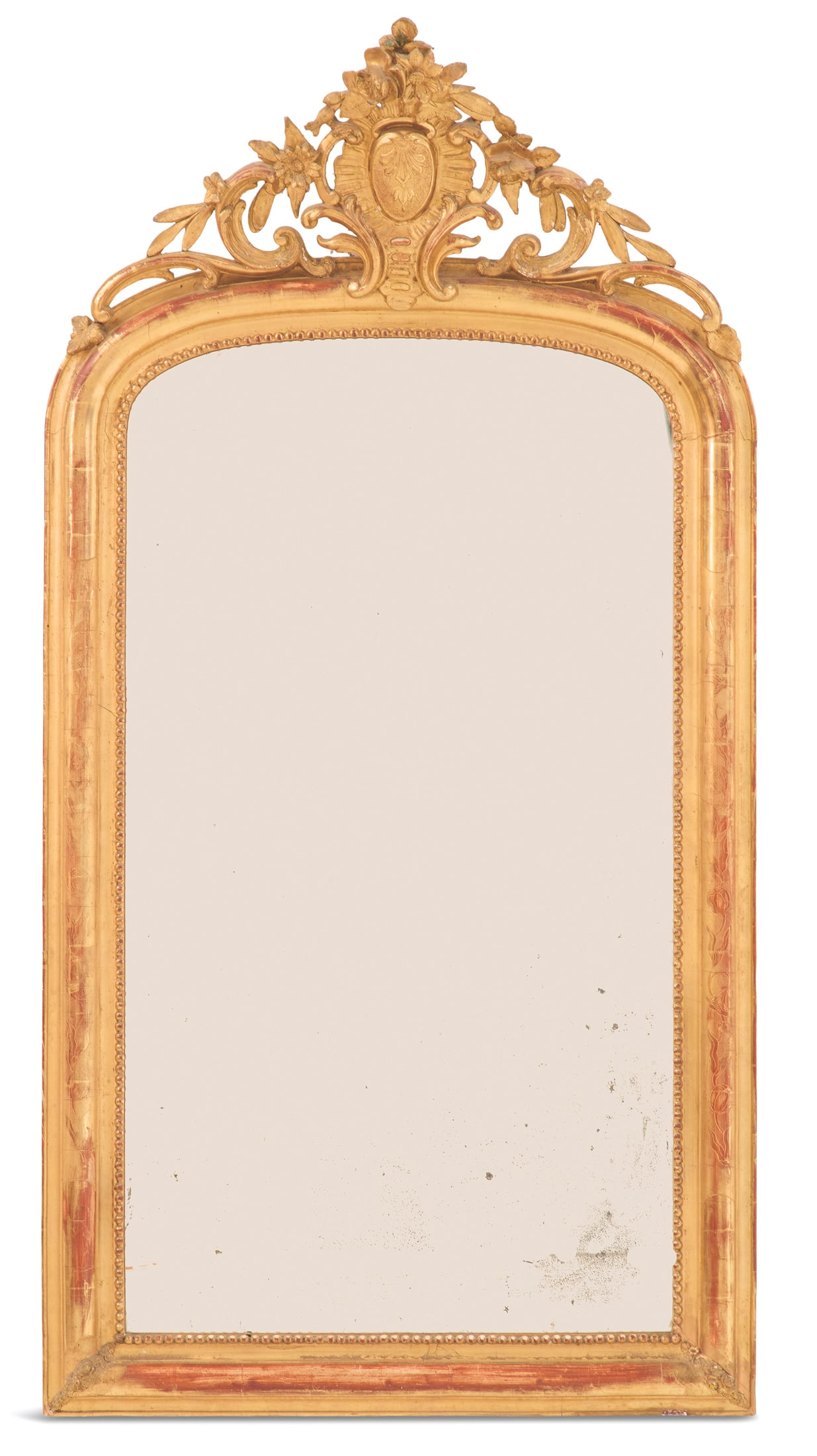 French Louis Philippe Giltwood Mirror: French Louis Philippe Giltwood Mirrormid-19th century, in the rococo taste, the arched crest with an anthemion-decorated cartouche, framed with rocaille work and set into pierced scrollwork and flower