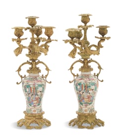 Pair of Bronze and Porcelain Candelabra