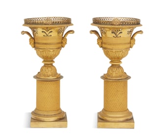 Pair of French Bronze and Brass Garniture Urns