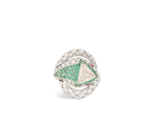 Unusual Diamond, Emerald and Ruby Snake Ring