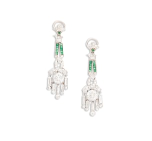 Art Deco Diamond and Emerald Earrings
