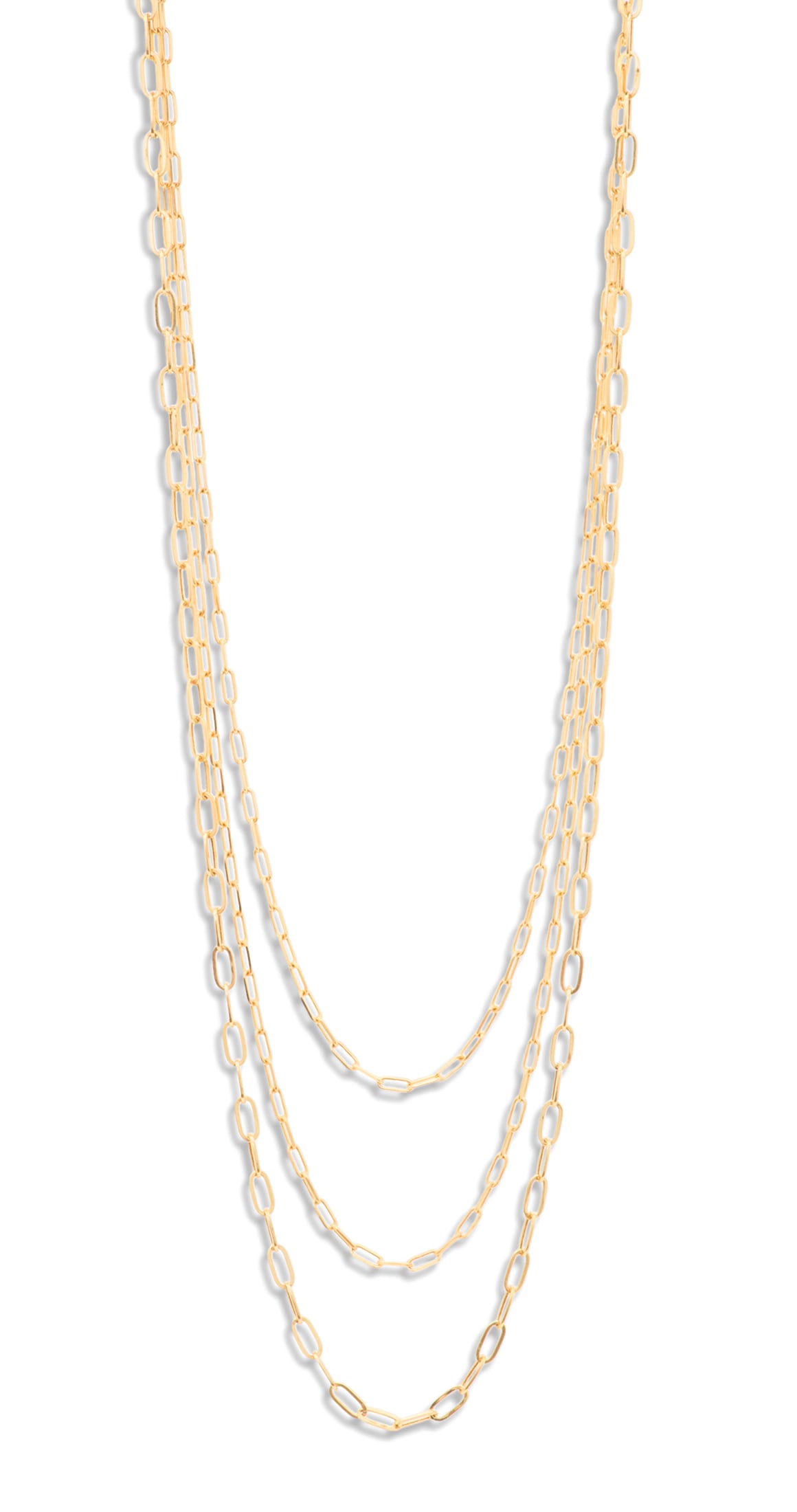 Three Graduated Gold Chains: Three Graduated Gold Chains14k yellow gold, the chains composed of paper-clip links.l. 16", 18" and 20", total weight 11.5 grams