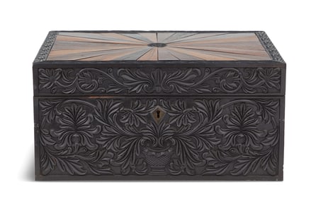 Carved Ebony and Inlaid Hardwood Work Box