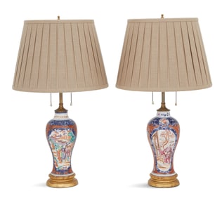 Pair of Chien Lung Porcelain Garniture Urn Lamps