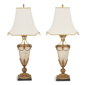 Bronze, Frosted Glass and Marble Table Lamps