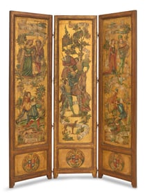 Three-Panel Hand-Painted Wooden Screen