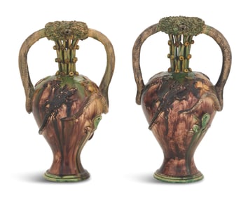 Pair of Portuguese Palissy Ware Puzzle Jugs