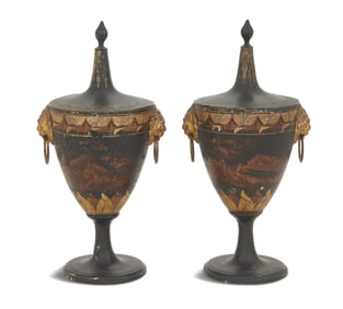 Pair of Neoclassical Tole Covered Chestnut Urns