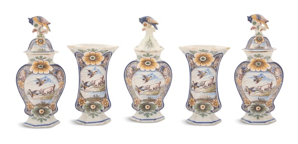 Rare Signed Five-Piece Dutch Delft Garniture Set