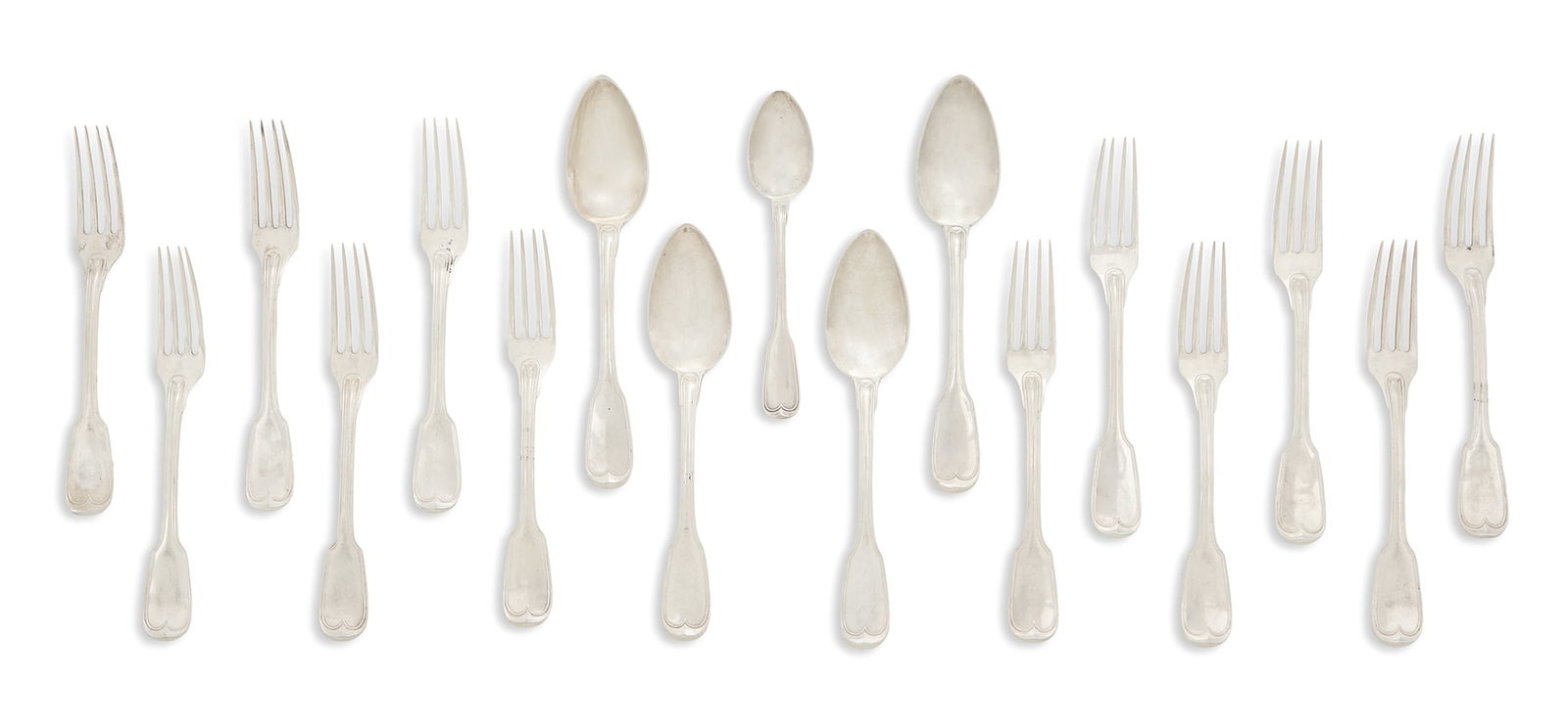 German Silver "Fiddle Thread" Flatware: German Silver "Fiddle Thread" Flatwaresecond half 19th century, by Lazarus Posen Witwe, Frankfurt, .800 silver, including twelve dinner forks, l. 8", four tablespoons, l. 8-1/4", a