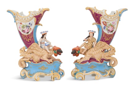 Pair of Paris Porcelain Rhyton-Form Vases