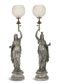 Pair of Cast Spelter Figural Newel Post Lamps