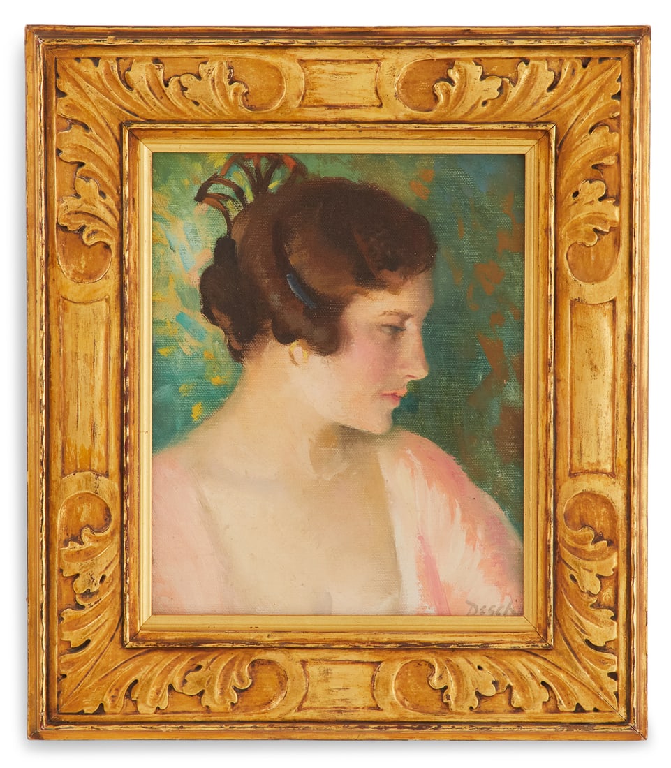 Frank Howard Desch (American, 1873-1934): † Frank Howard Desch (American, 1873-1934) "A Basque Girl" oil on canvas mounted on wood panel signed lower right, a "Salmagundi Club" label en verso. Framed. 10-5/8" x 8-5/8", framed 15" x 13" Prov