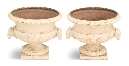 Pair of Painted Cast Iron Garden Urns