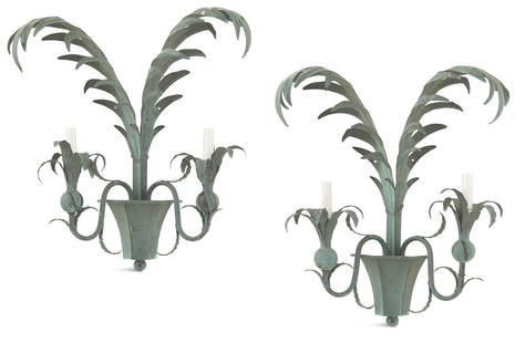 Pair of Large Patinated Bronze Sconces: Pair of Large Patinated Bronze Sconcespossibly inspired by German designer Hans Kogls work for Maison Bagues, the tapered pots with rope-twist trim, set with a pair of scrolled candle branches termina
