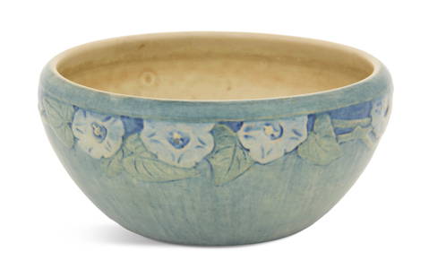 Newcomb College Art Pottery Bowl: Newcomb College Art Pottery Bowl Decorated by Henrietta Bailey1916, with matte vellum glaze, the shoulder wrapped with vining white flowers with heart-shaped leaves, thrown by potter Joseph Meyer, wit