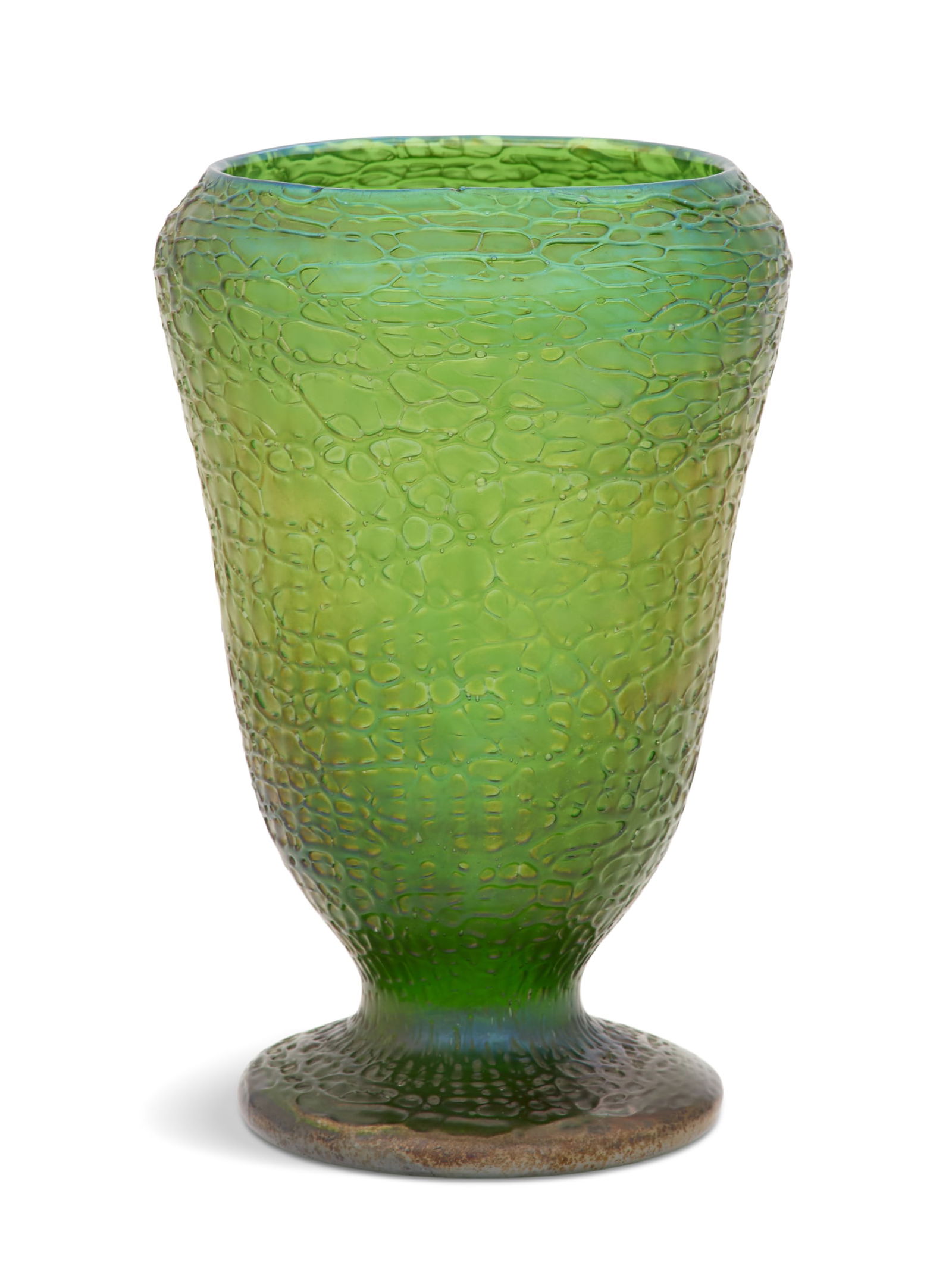 Loetz "Crete Chine" Glass Vase: Loetz "Crete Chine" Glass VaseBohemia, ca. 1900, the moss green vase with threaded decoration and light iridescence, with a spurious engraved "Loetz" mark on base.h. 11", dia. 7-1/4"