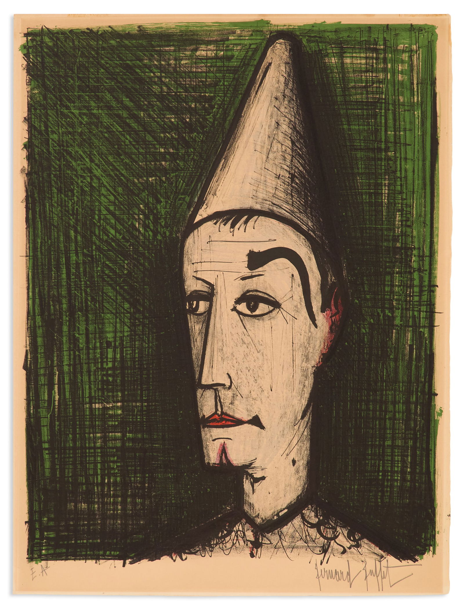 Bernard Buffet (French, 1928-1999): Bernard Buffet(French, 1928-1999)"Le Clown au Fond Vert (Sorlier 22)", 1960lithograph in colors on deckle-edged paperpencil-signed lower right and marked "E.A." lower left, publish