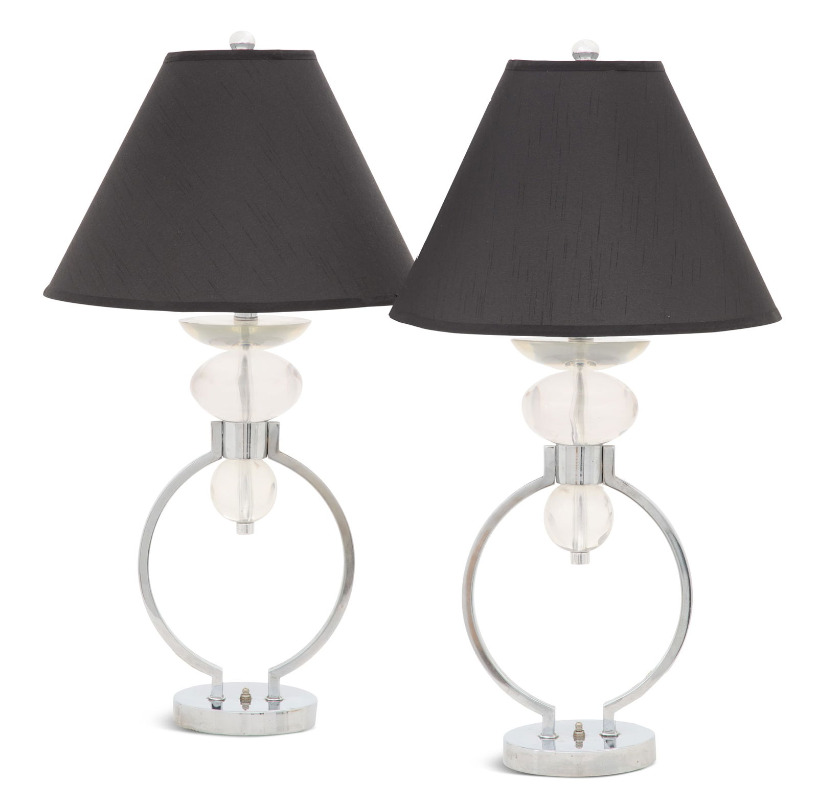 Pair of Hivo Van Teal Table Lamps: Pair of Hivo Van Teal Chrome and Acrylic Table Lamps1970s, the chrome core supporting signature stacked acrylic elements, raised on a circular base centered with a push on/off knob, both fitted with b