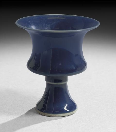 Chinese Porcelain Stem Cup: Chinese Porcelain Stem Cup, 19th century, the cup with a dark blue glaze, and with a six-character Wan Li mark in Kai Shu script on the base, h. 4".