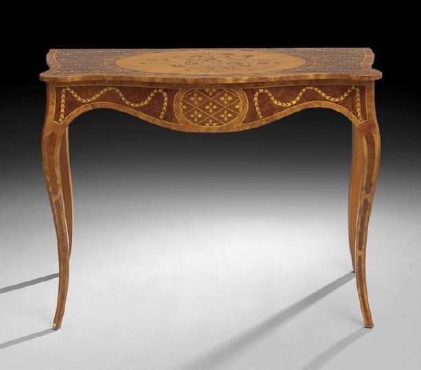 George III Mahogany and Exotic Woods Side Table: George III Mahogany and Various Exotic Woods Side Table, in the Hepplewhite manner, the serpentine top centered by a large inlaid floral spray within a floral lattice background, above a conforming sh