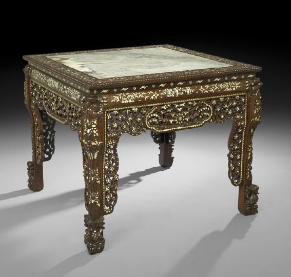 Chinese Altar Table: Chinese Altar Table, 19th century, the rosewood (Hung Mu) ornately-carved table, pierced with birds, flowers, kylin, deer and bamboo, foo dog mask legs ending in dragon carp, heavily inlaid with carve