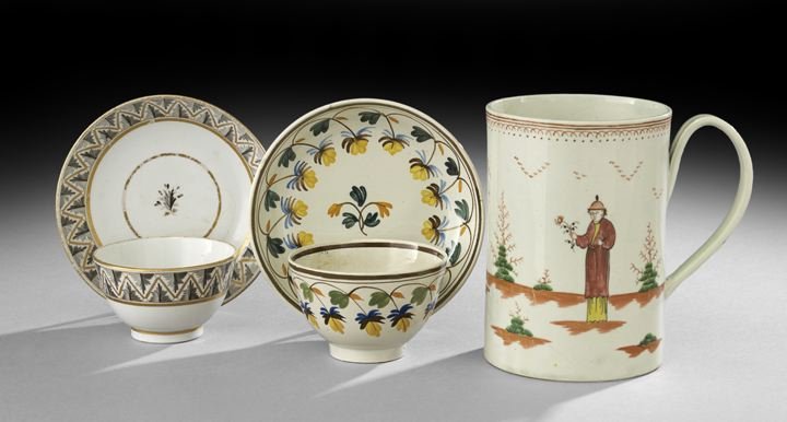 Five Pieces of English Porcelain: Five Pieces of English Porcelain, the pearlware can, fourth quarter 18th century, probably Bristol or Liverpool, decorated with hand-painted mandarin figures in a landscape, h. 6", dia. 4", together w