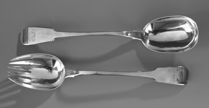 Pair of George IV Sterling Silver Servers: Pair of George IV Sterling Silver Servers, hallmarked London, 1821-1823, by William Edwards, in the traditional "Fiddle" pattern, including a platter spoon and potato fork, monogrammed "HSB", l. 11-1/
