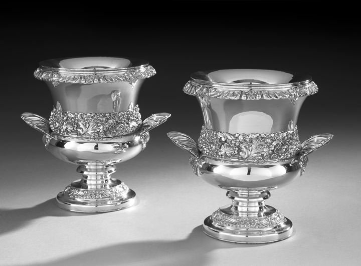 Pair of Regency Old Sheffield Plate Wine Coolers: Good Pair of Regency Old Sheffield Plate Wine Coolers, first quarter 19th century, by R. Gainsforth, Sheffield, each of campana form, with a well-detailed rocaille rim and band, with opposing coquille