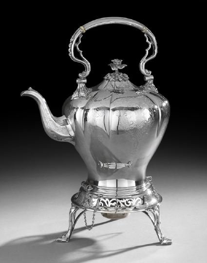 Late Victorian Silverplate Kettle-on-Stand: Late Victorian Silverplate Kettle-on-Stand, fourth quarter 19th century, by James Dixon & Sons, Sheffield, the lobed, inverted pear-shaped body decorated with engraved flowers and rococo scrolls, with