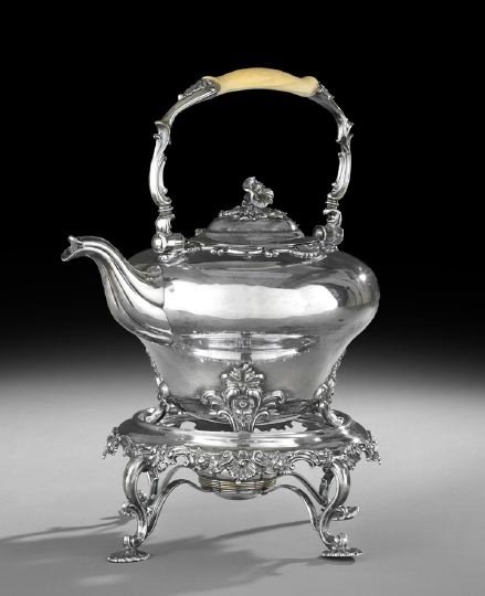 Victorian Old Sheffield Plate Kettle-on-Stand: Early Victorian Old Sheffield Plate Kettle-on-Stand, second quarter 19th century, of inverted pear form, the domed and hinged lid surrounded by shell-and-scroll banding, with short, gadrooned "goosene