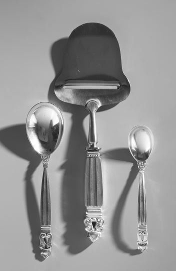 3 Pieces of Jensen Sterling "Acorn" Flatware: Three Pieces of Georg Jensen Sterling Silver "Acorn" Flatware, the pattern designed in 1915 by Johan Rohde (1866-1935), Copenhagen, including a jam spoon with the Jensen mark in use ca. 1910-1925, l.